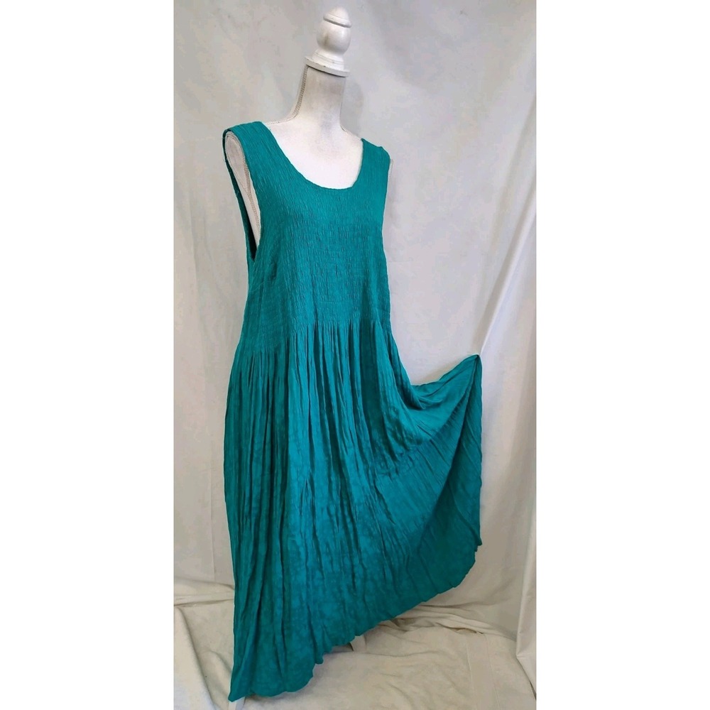 Vintage Coldwater Creek Maxi Dress Boho Hippie Teal Rayon Embroidery Womens 22